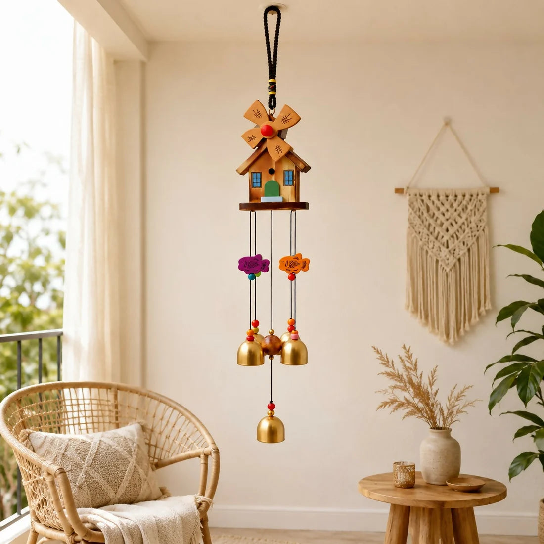 Bawaal Wooden Windmill House Wind Chime – Multicolor Hanging Garden & Home Decor