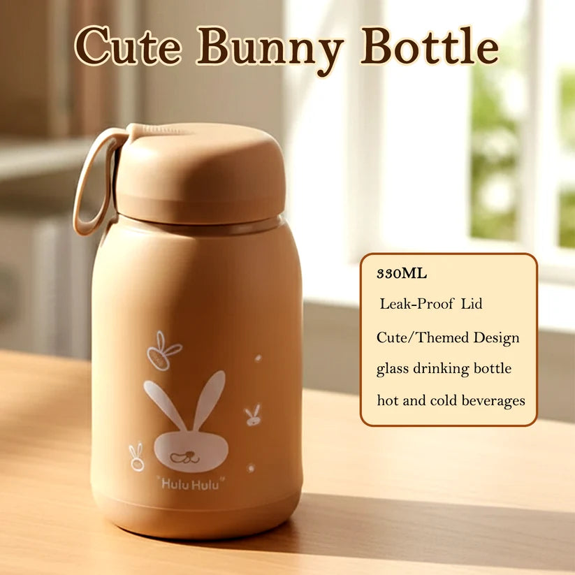 Bawaal Bunny Print Glass Water Bottle 330ml – Leak-Resistant Bottle with Carry Loop
