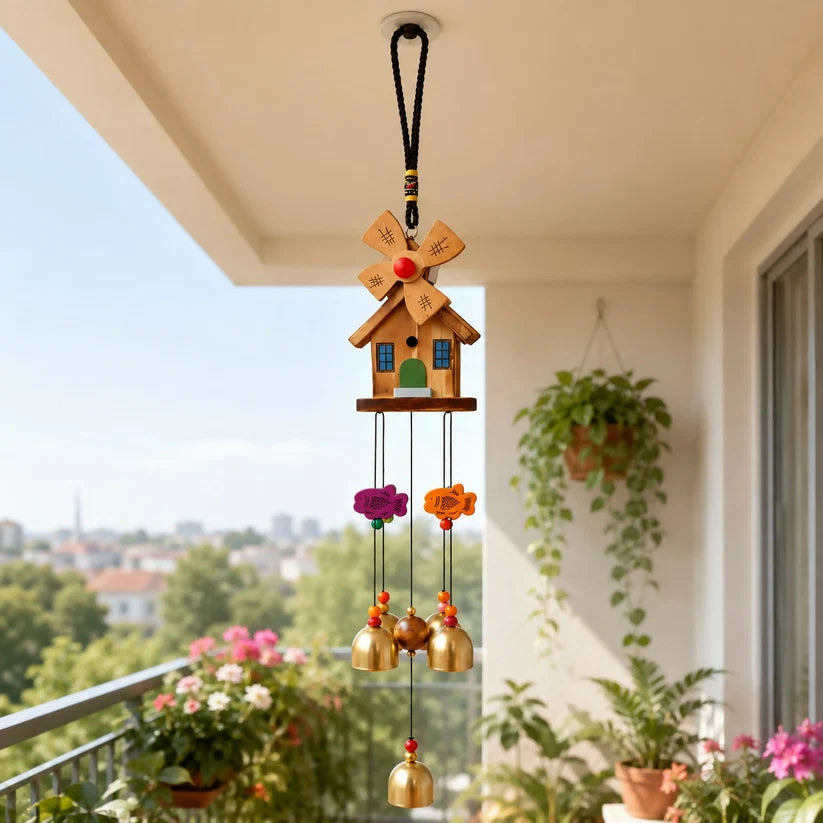 Bawaal Wooden Windmill House Wind Chime – Multicolor Hanging Garden & Home Decor